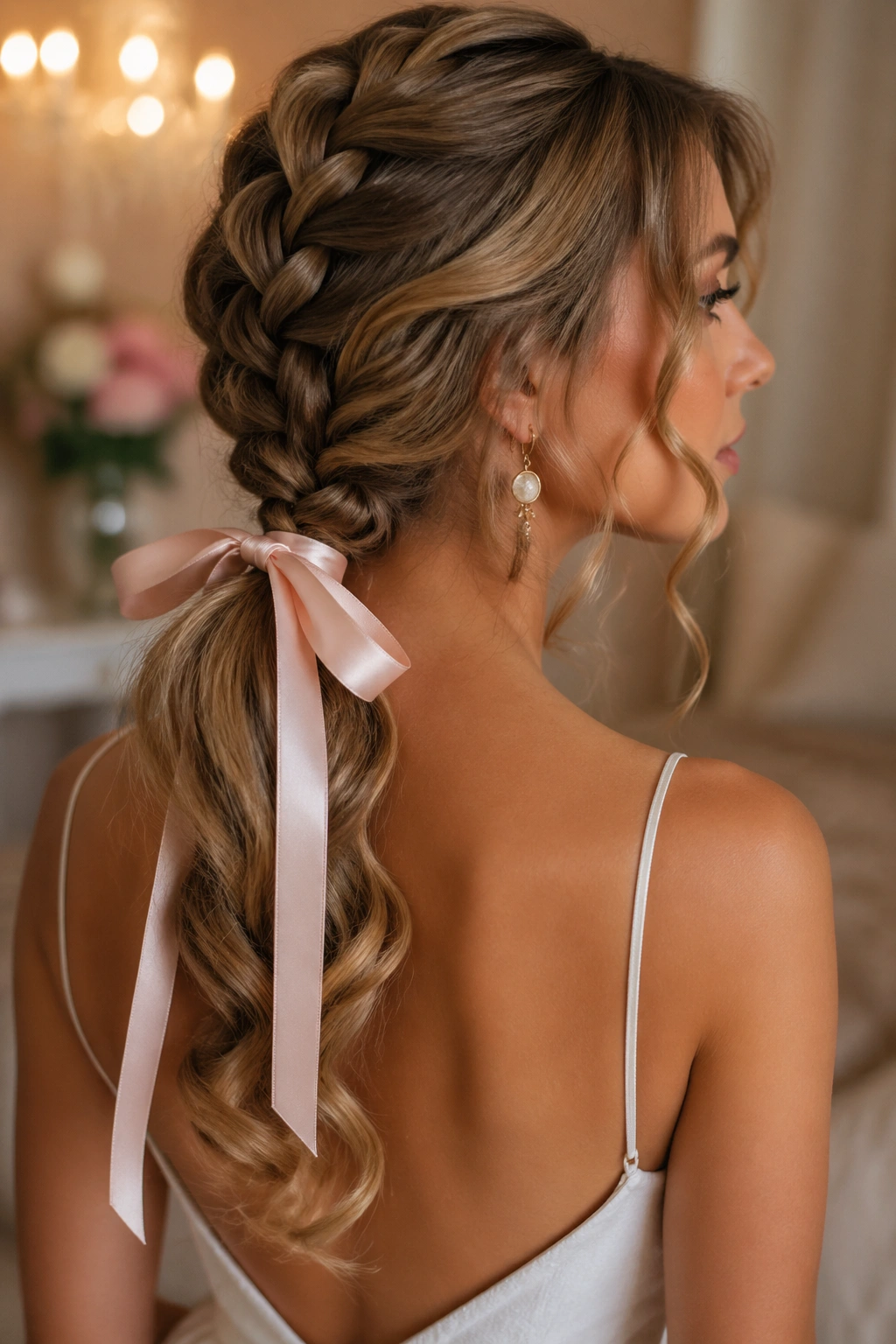 Real woman with curled-end butterfly braid and satin ribbon