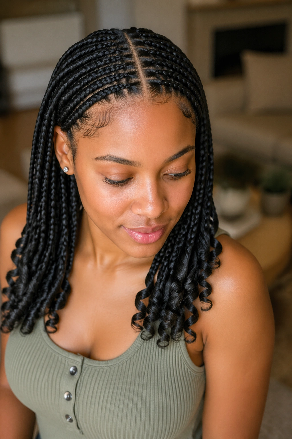 Portrait of a real woman with curled-end stitch braids and a crisp middle part