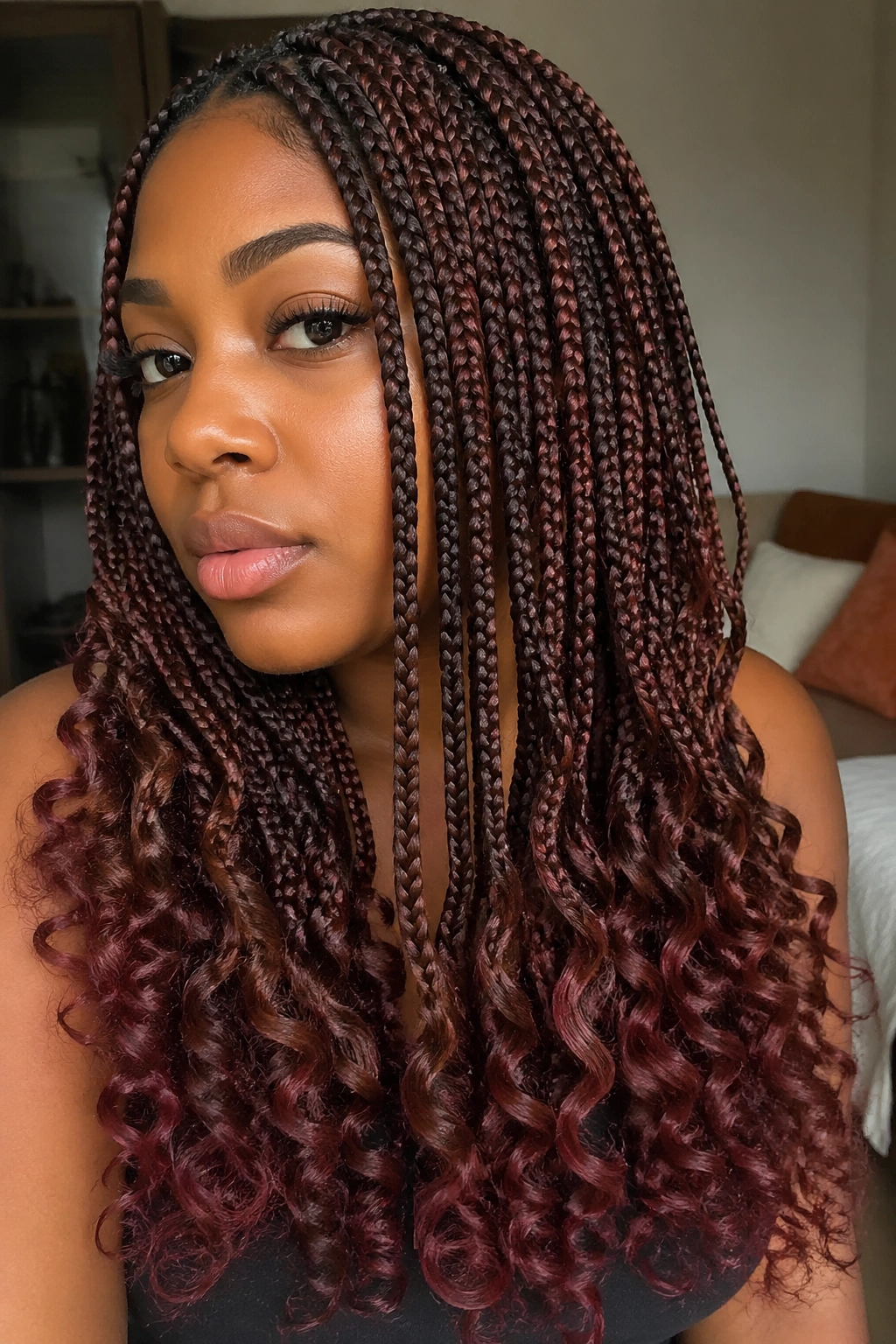 Close-up of a real woman with knotless braids ending in curled burgundy and brown tips