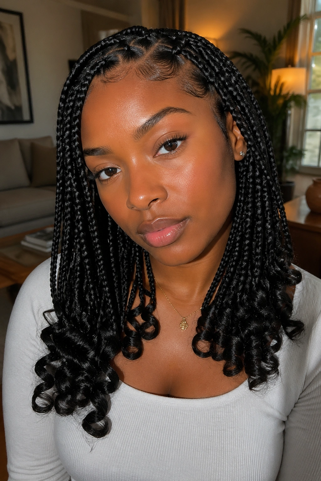 Close-up of knotless braids with curled ends and laid edges
