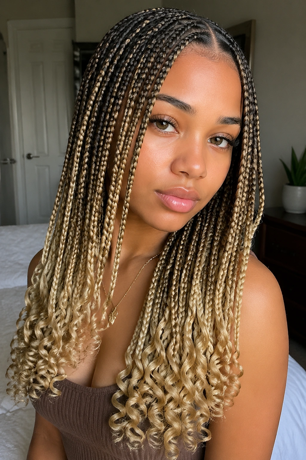 Real woman with knotless braids featuring curled ends
