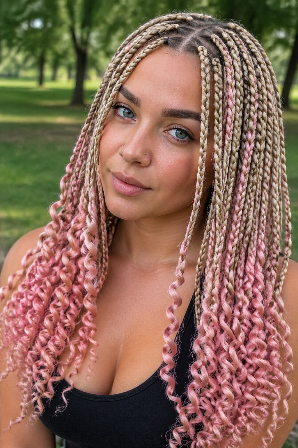 Real woman with curly-accent boho blonde and pink knotless braids in a park