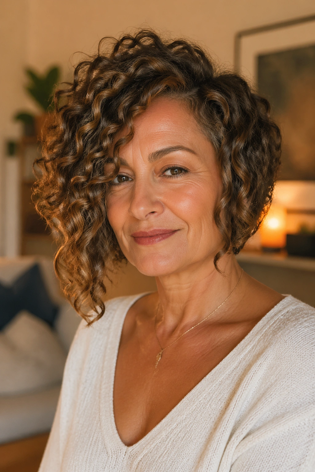 Close-up of a real woman with a curly asymmetrical bob
