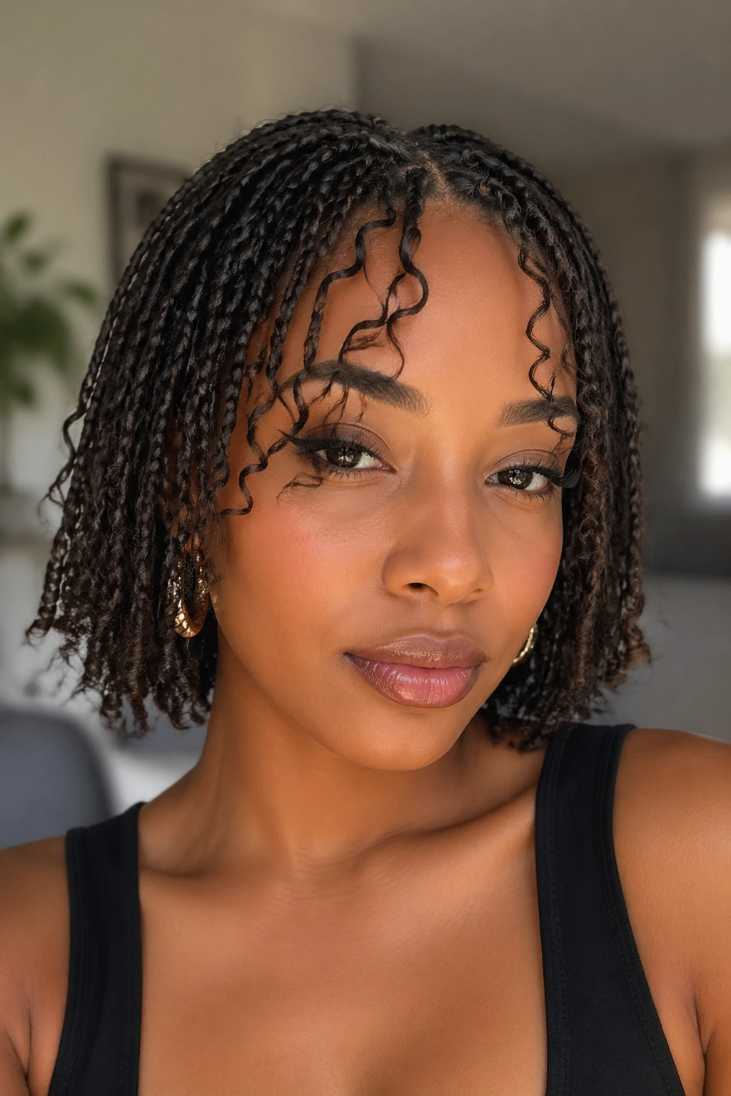 Close-up of a real person with curly bangs around the forehead in short boho braids