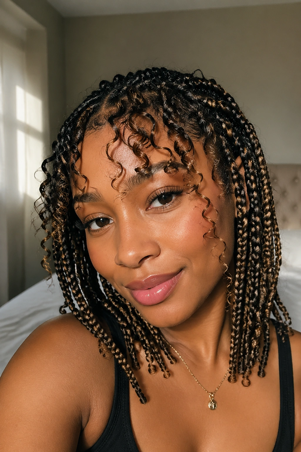 Close-up of a real woman with curly bangs softly framing the hairline