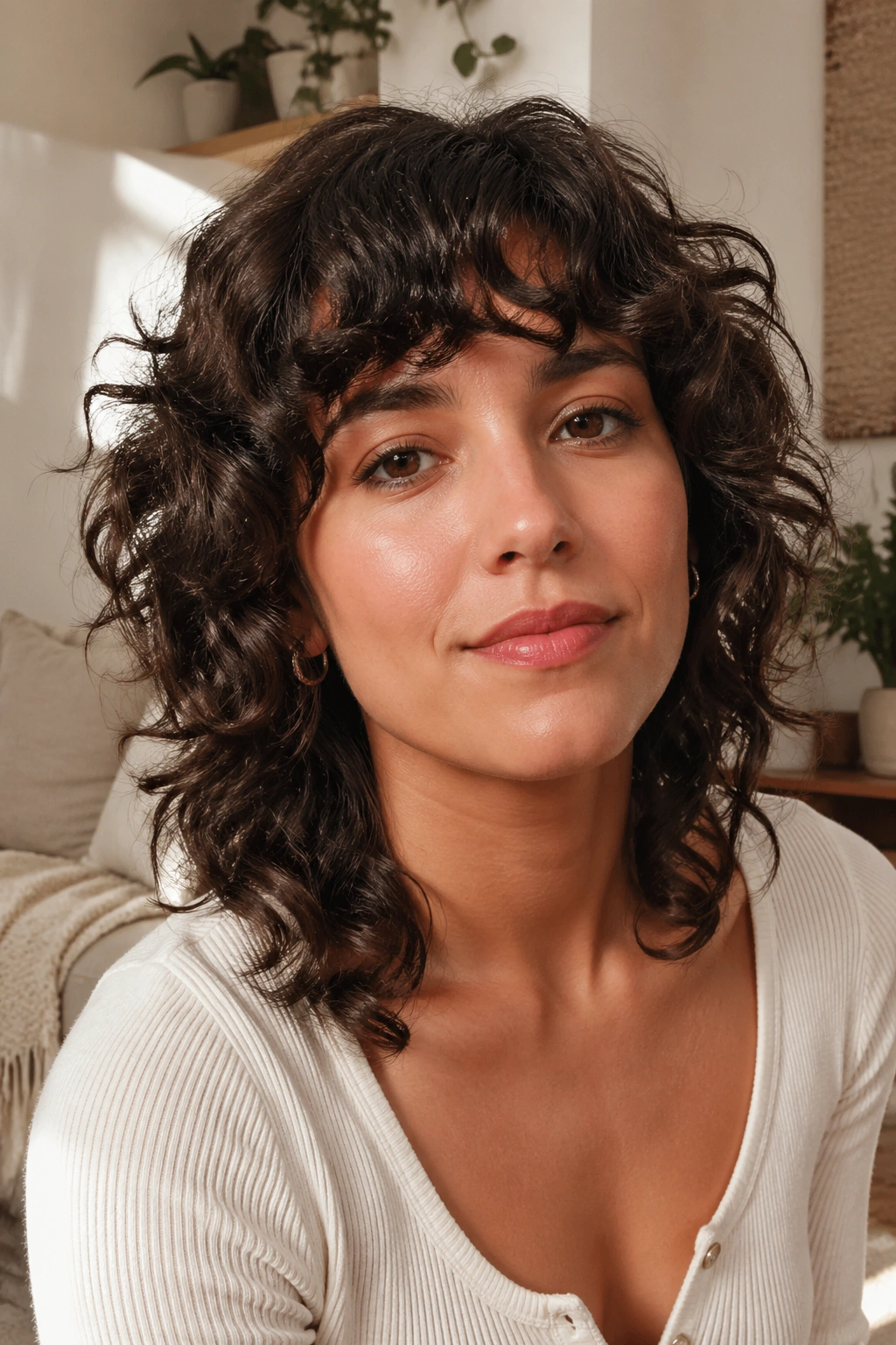 Close-up portrait of a woman with curly bangs and shaggy curls