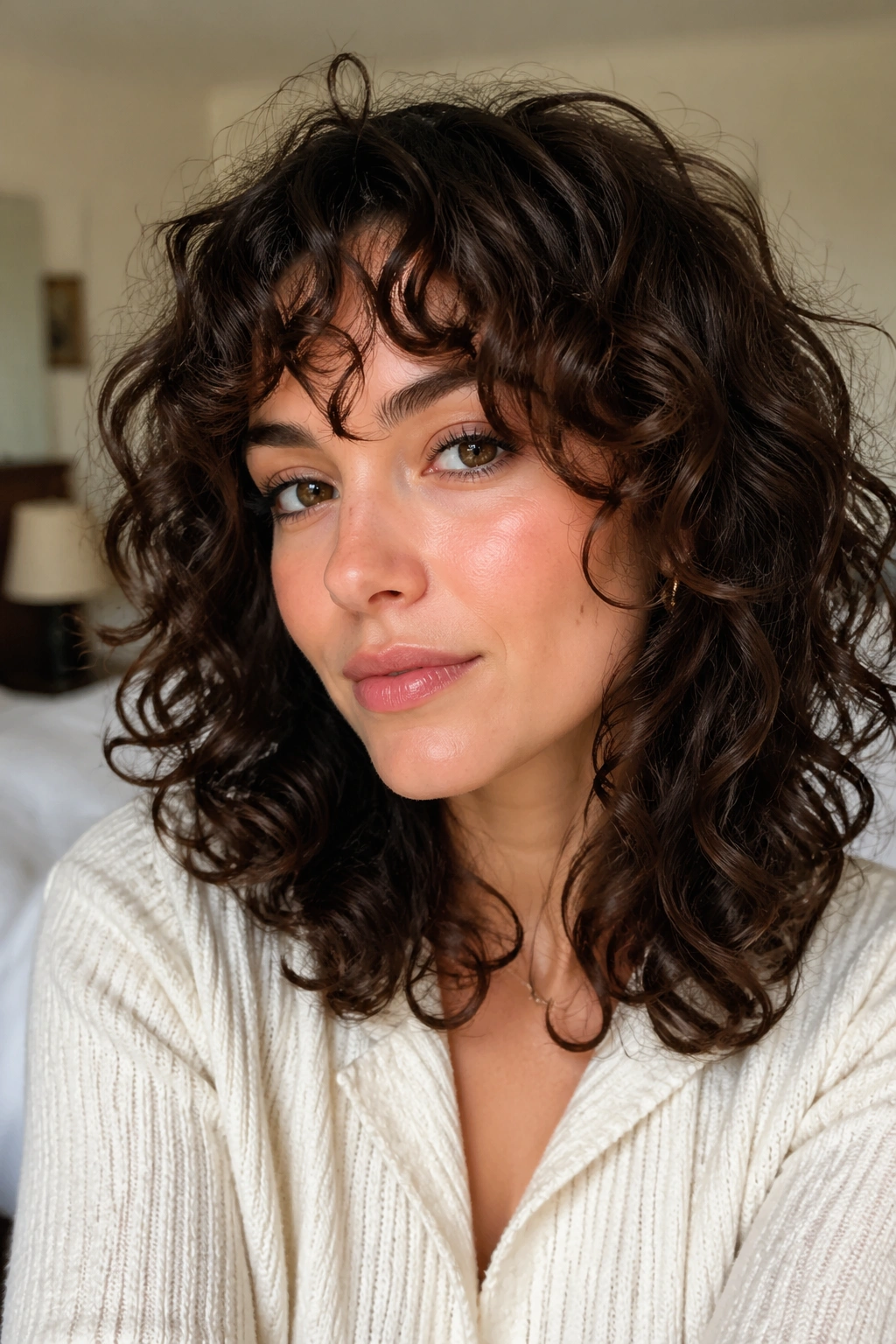 Close-up of a real woman with curly bangs and shoulder-length layers