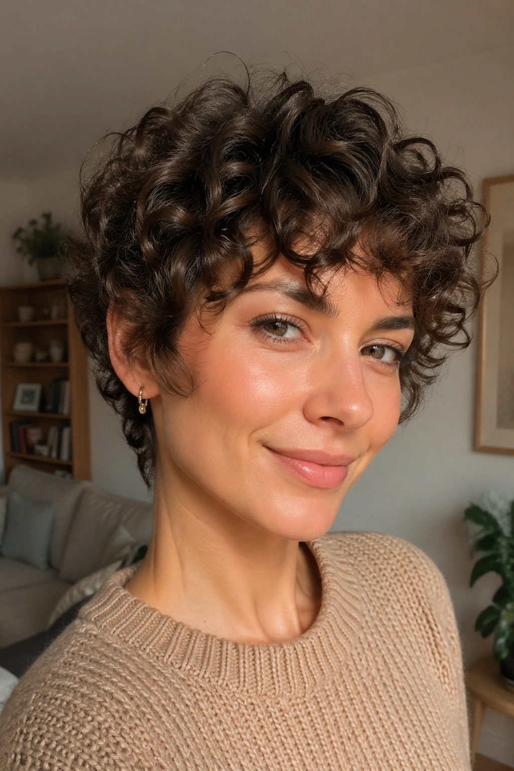 Close-up portrait of a real woman with a curly bixie and loose curls.