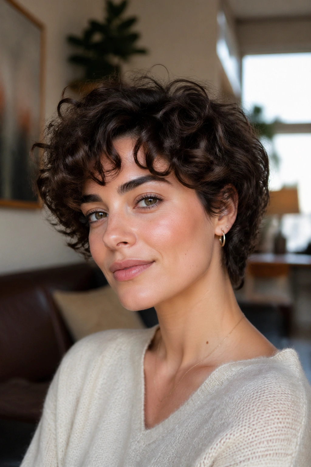 Close-up portrait of a real woman with a curly bixie and soft round shape in a bright living room