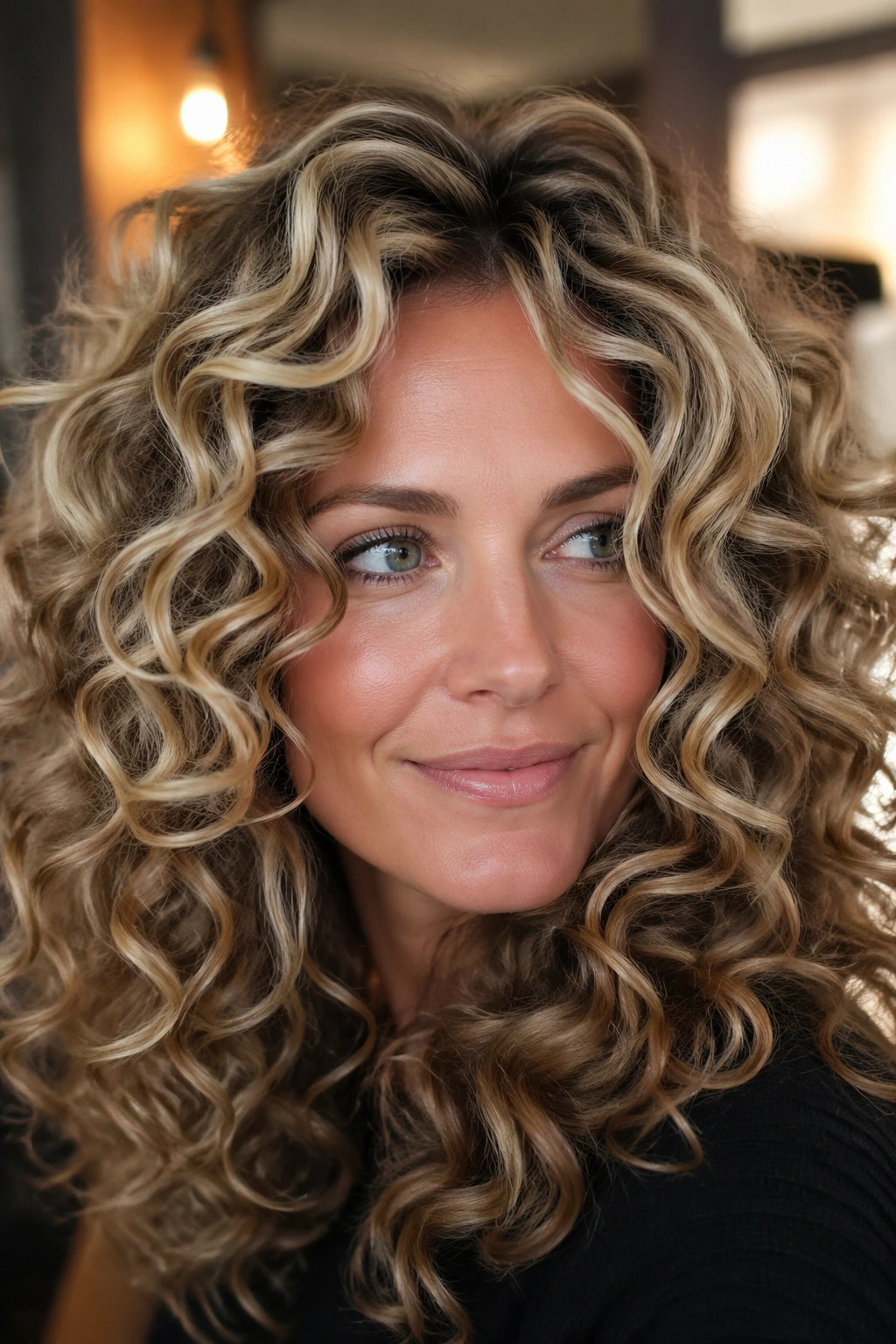 Close-up of curly blonde hair with ribboned lowlights on a real person