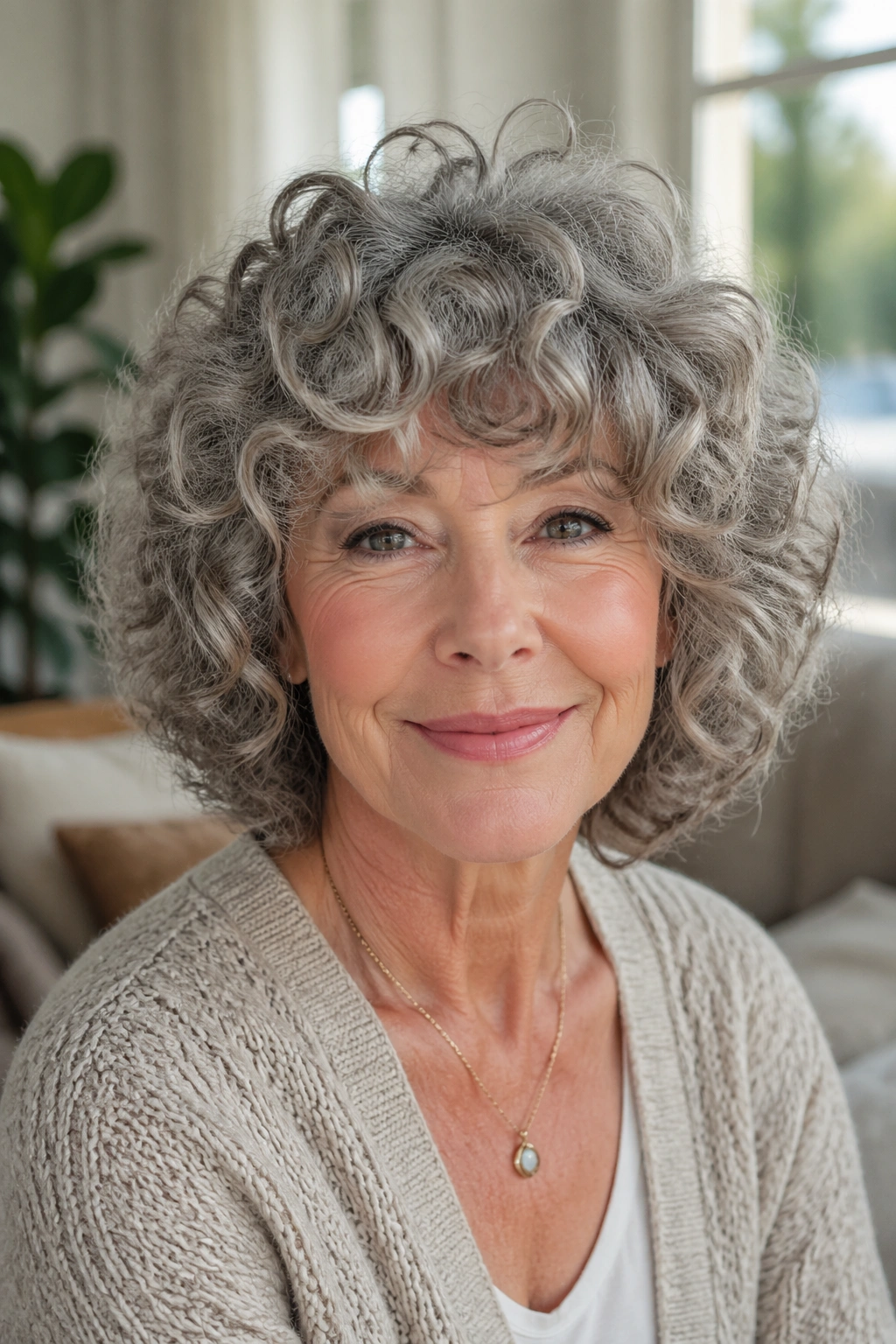 Close-up of a real woman with curly bob and curly bangs in natural light