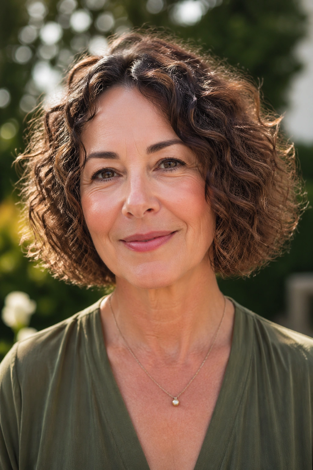 Close-up portrait of a real woman with a curly bob below the jaw