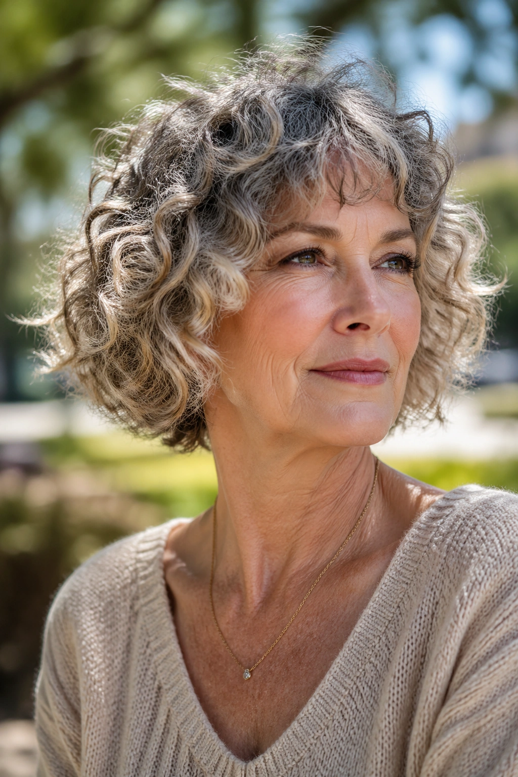 Close-up of a real woman with curly choppy bob in sunlit park setting