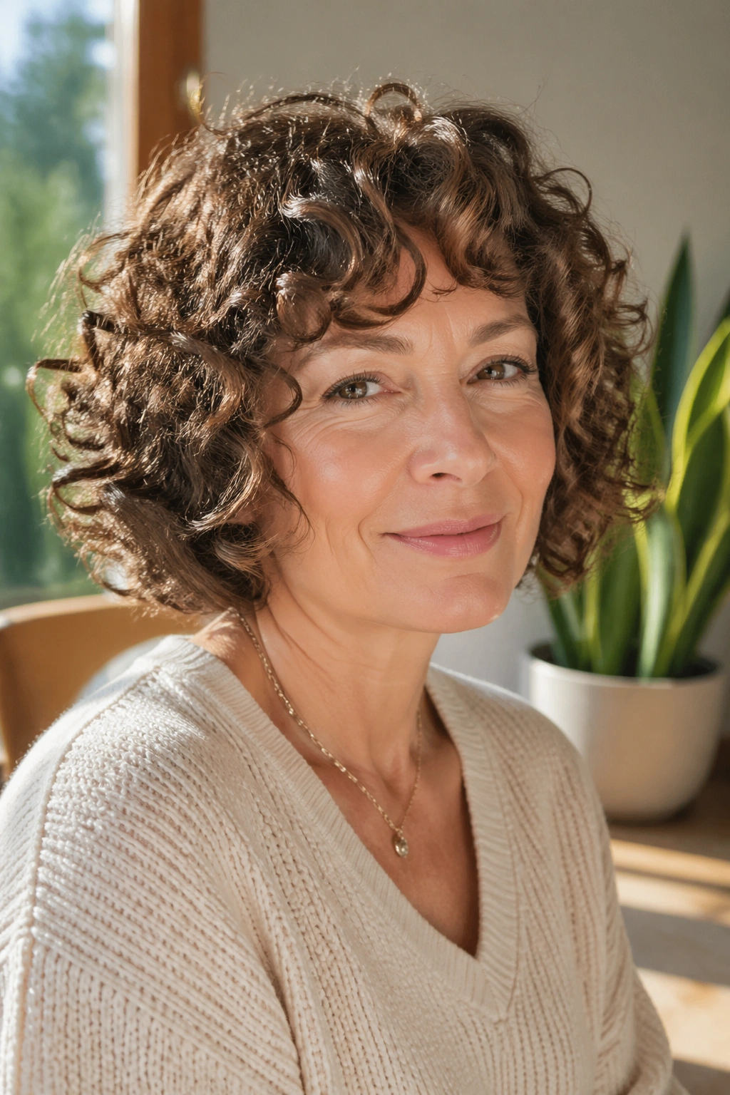 Portrait of a woman with a curly bob and defined curls