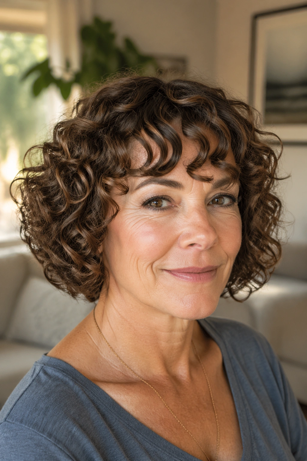 Woman with chin-length curly bob and curly bangs in a sunlit room