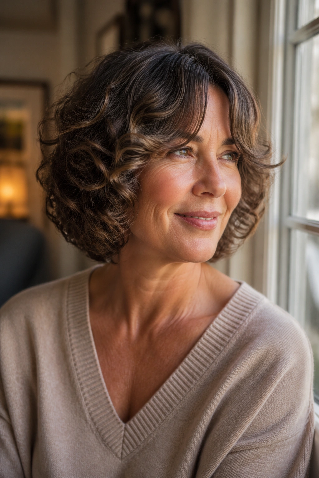Close-up portrait of a real woman with curtain bangs and curly bob
