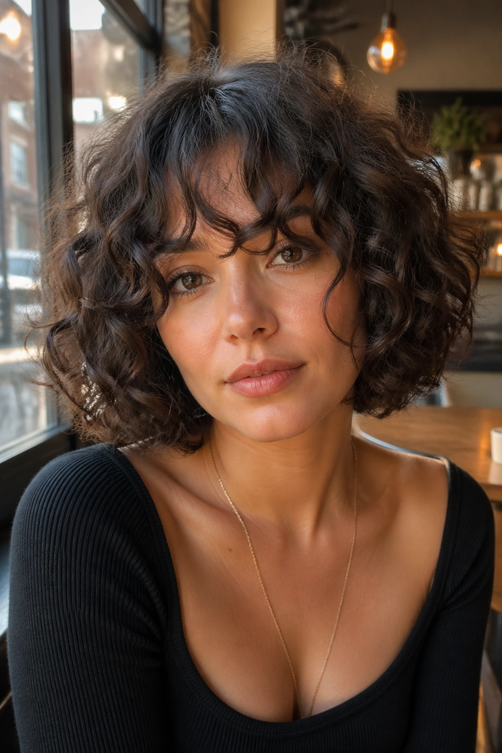 Portrait of a woman with curly bob and curtain bangs at a cafe window