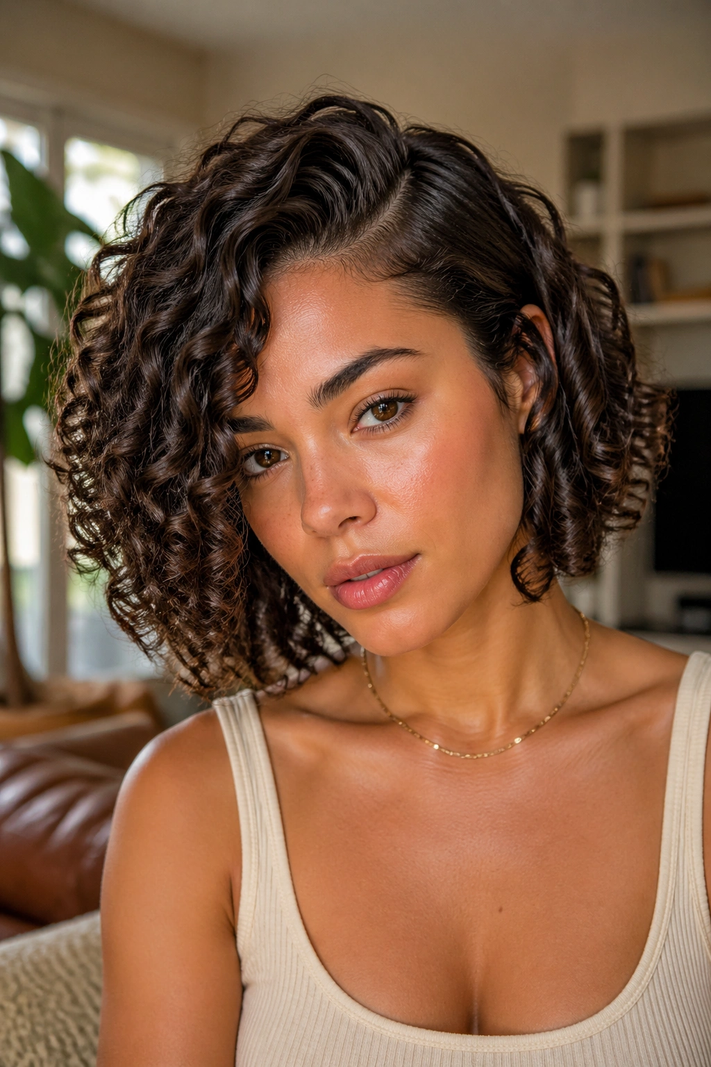 Close-up of a real woman with a curly bob and deep side part in warm window light