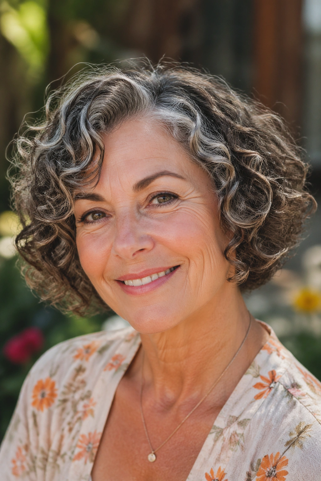 Real woman with chin-length curly bob preserving its shape in natural light.