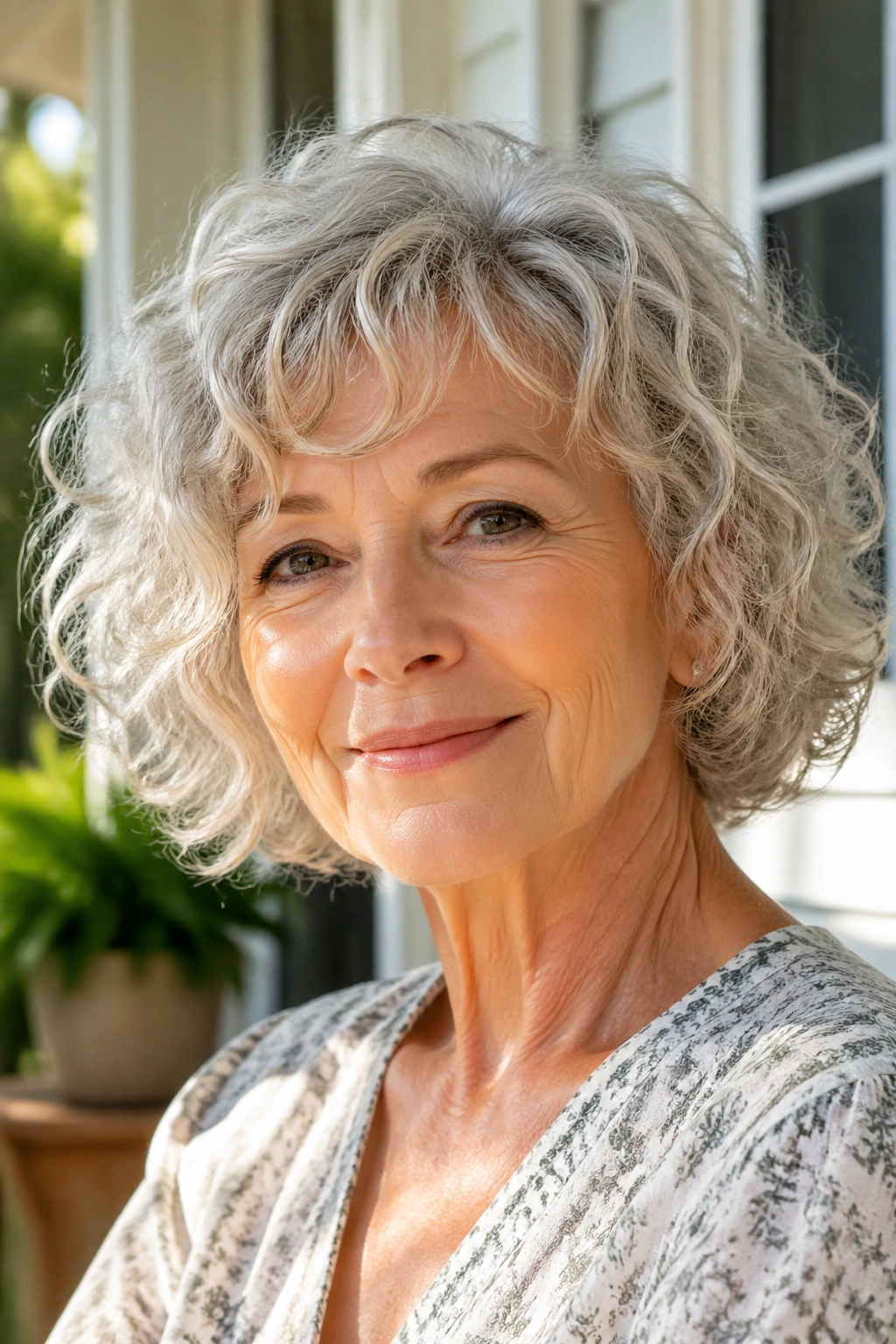 Close-up of an older woman with a curly bob hairstyle
