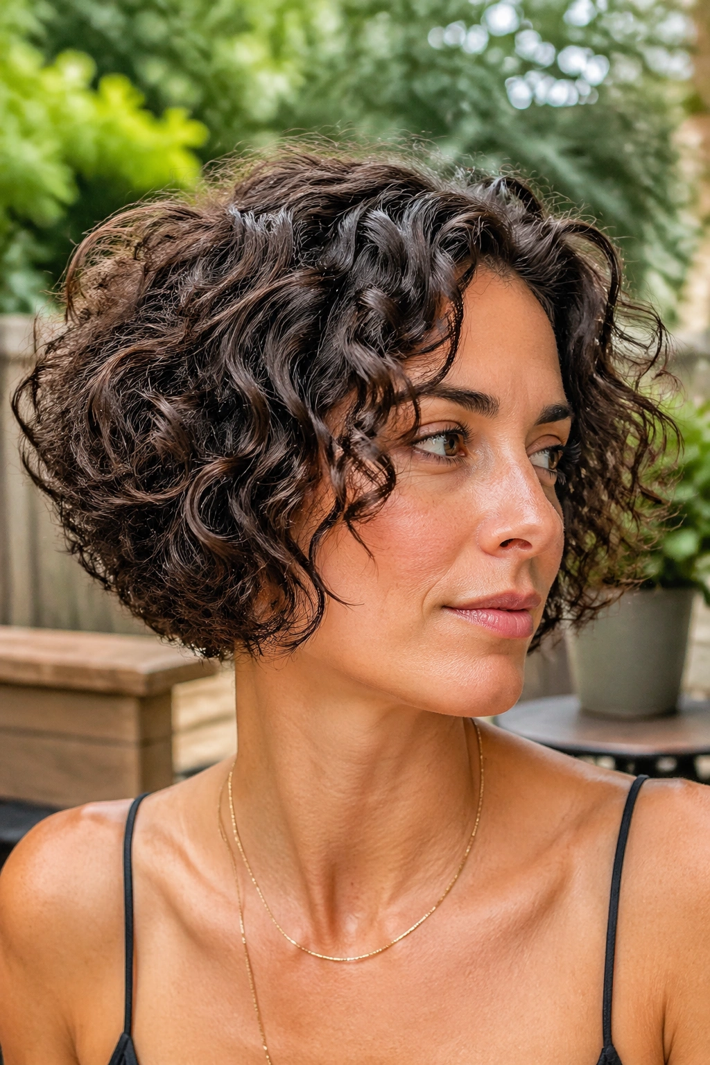 Close-up portrait of a woman with a curly bob and sculpted shape in a garden.