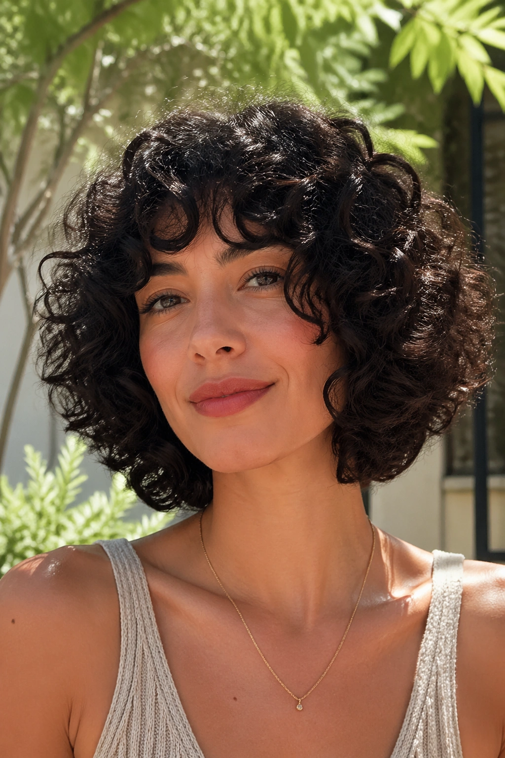 Close-up of a real woman with a curly bob for thick hair