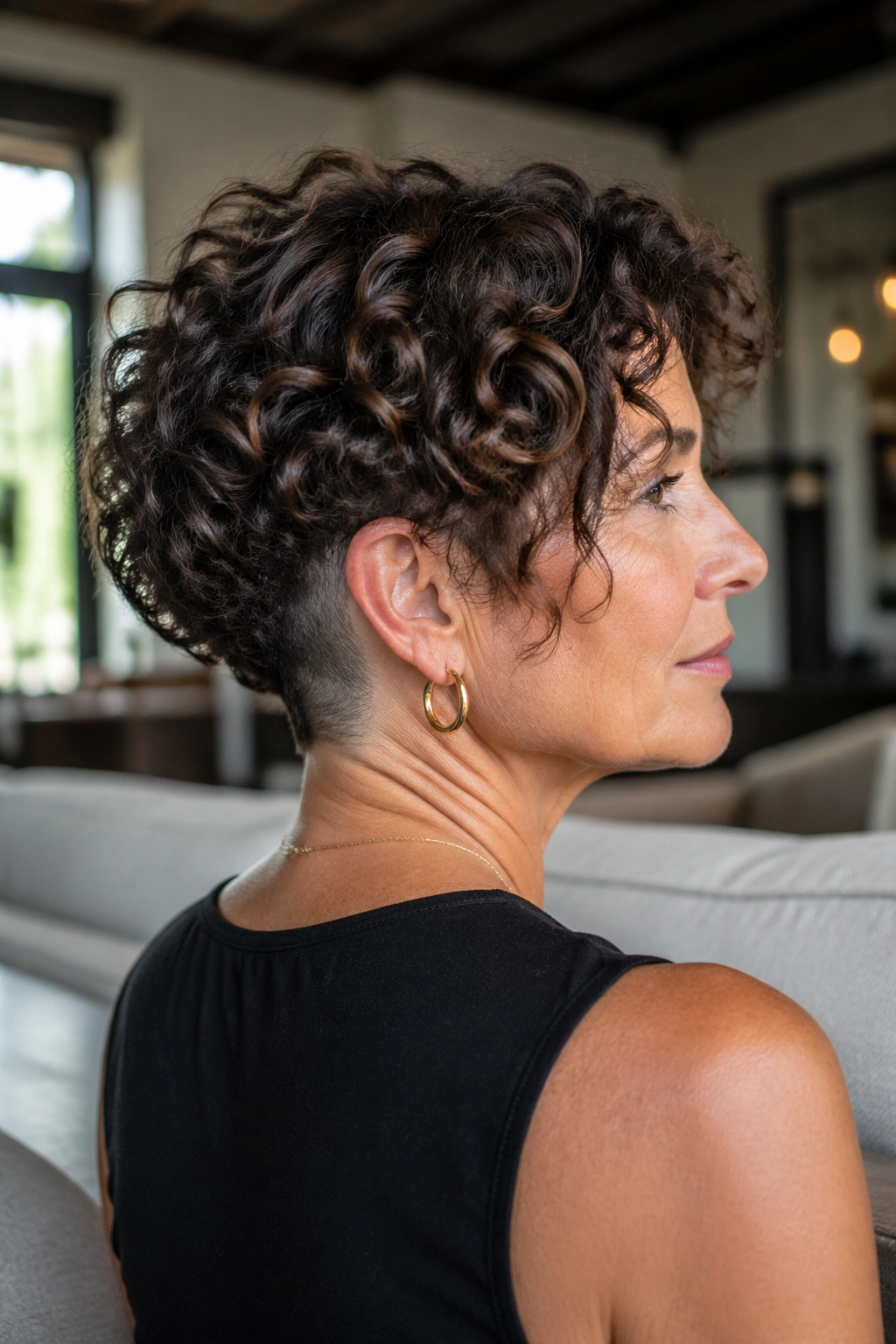 Close-up portrait of a real woman with curly bob and soft undercut at the nape