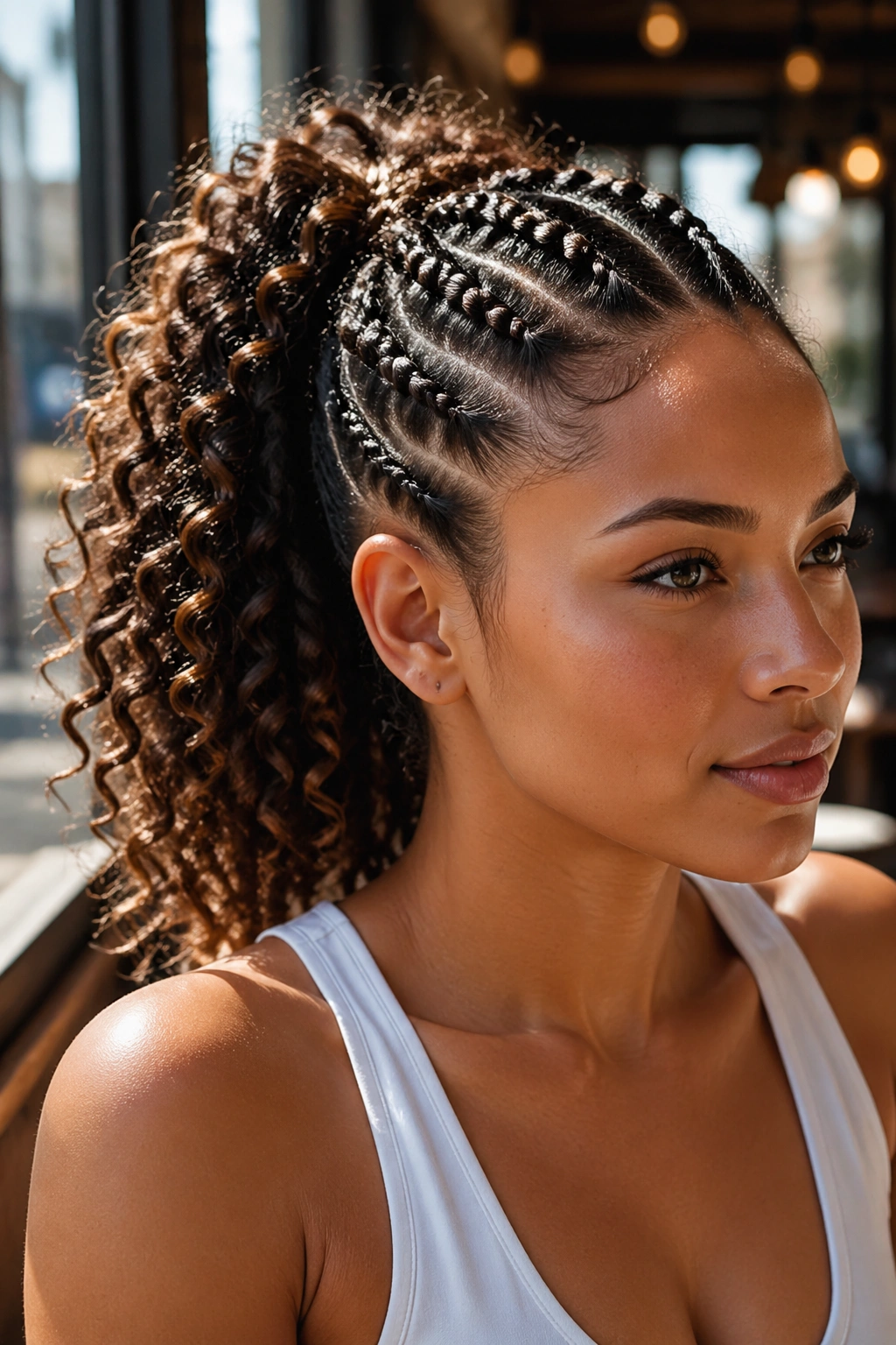 Close-up of a real woman with a curly braided ponytail in a sunlit cafe.