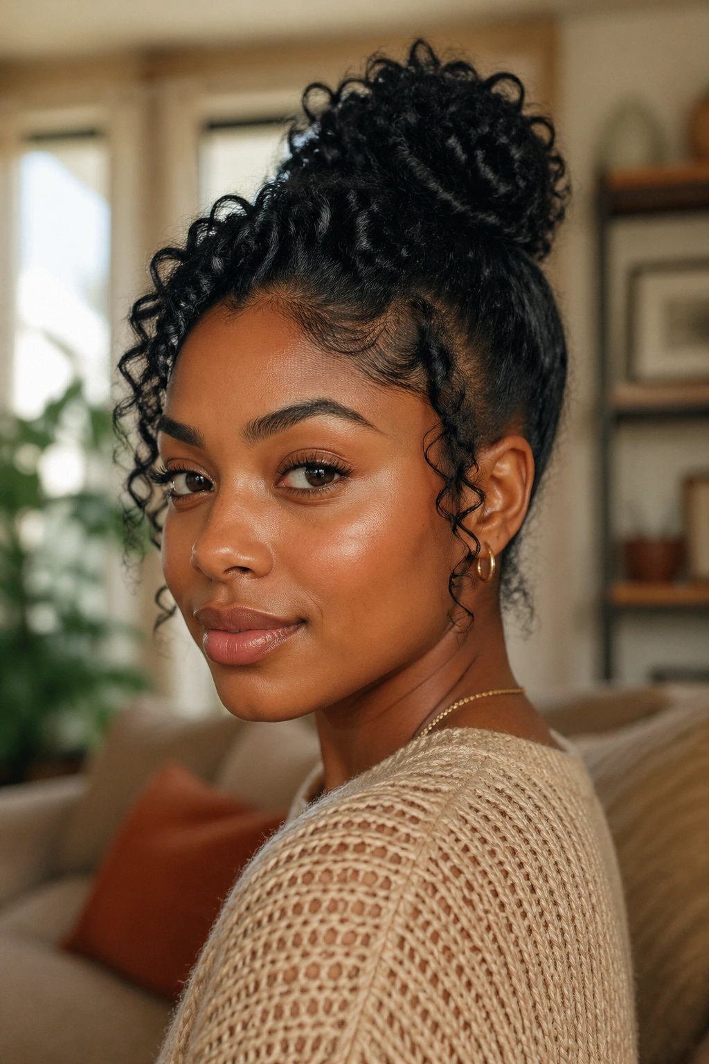 Portrait of a person with curly hair styled into a bun