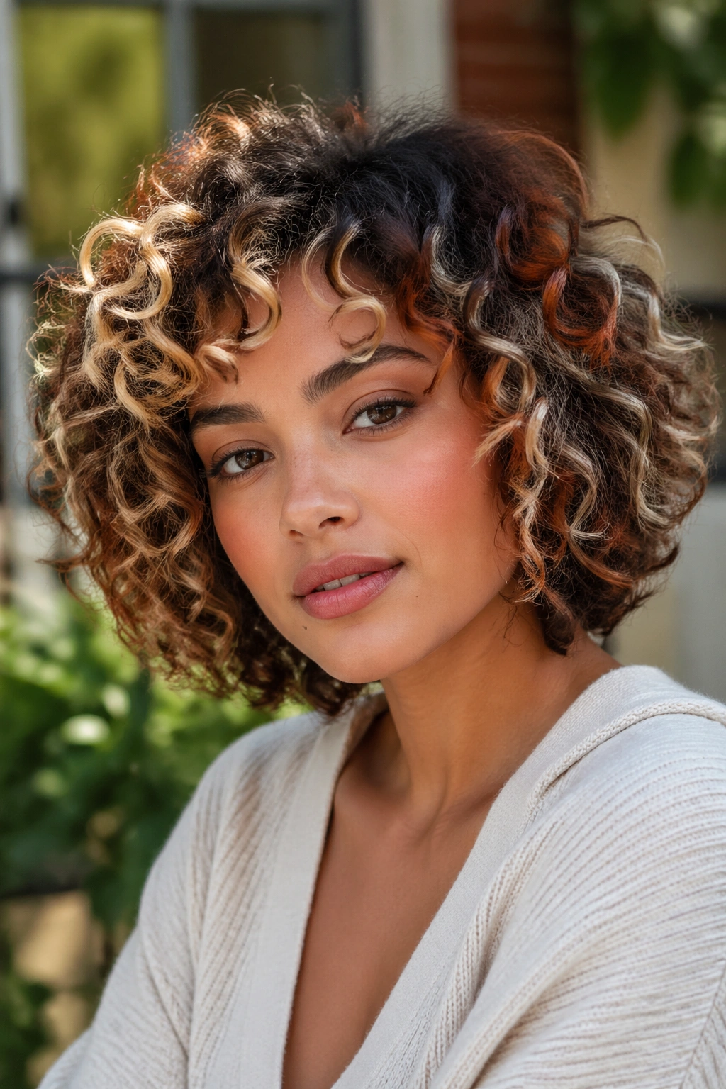 Close-up portrait of a real person with Curly Calico Bob hair