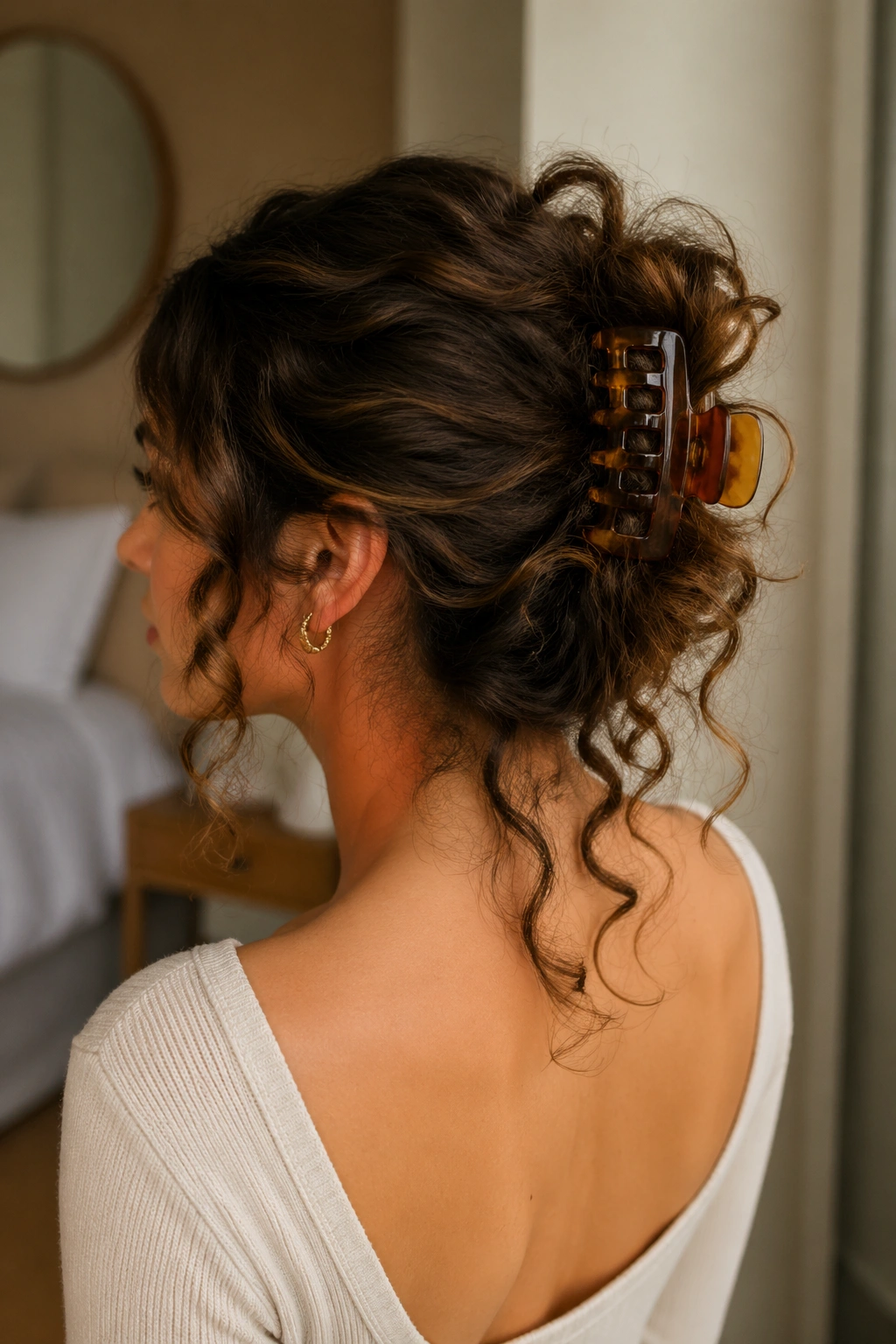 Close-up of a real woman with a claw-clip curled hairstyle, loose nape twist and curling ends