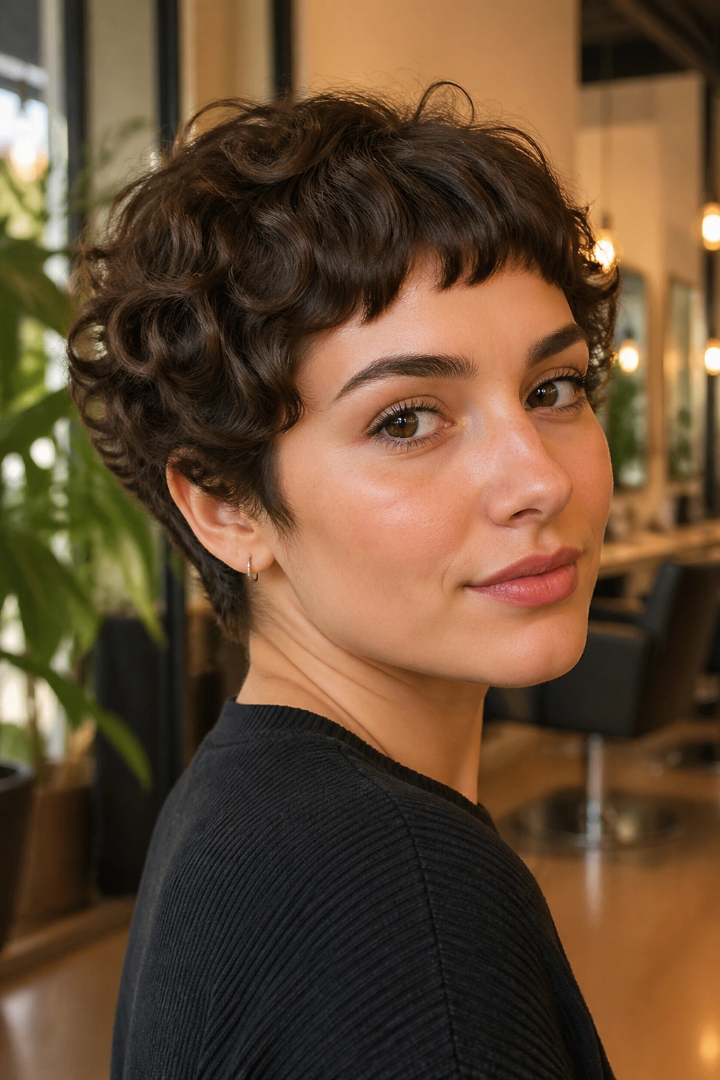 Close-up of Curly Cocoa Crop with Baby Fringe on a real person in warm salon light