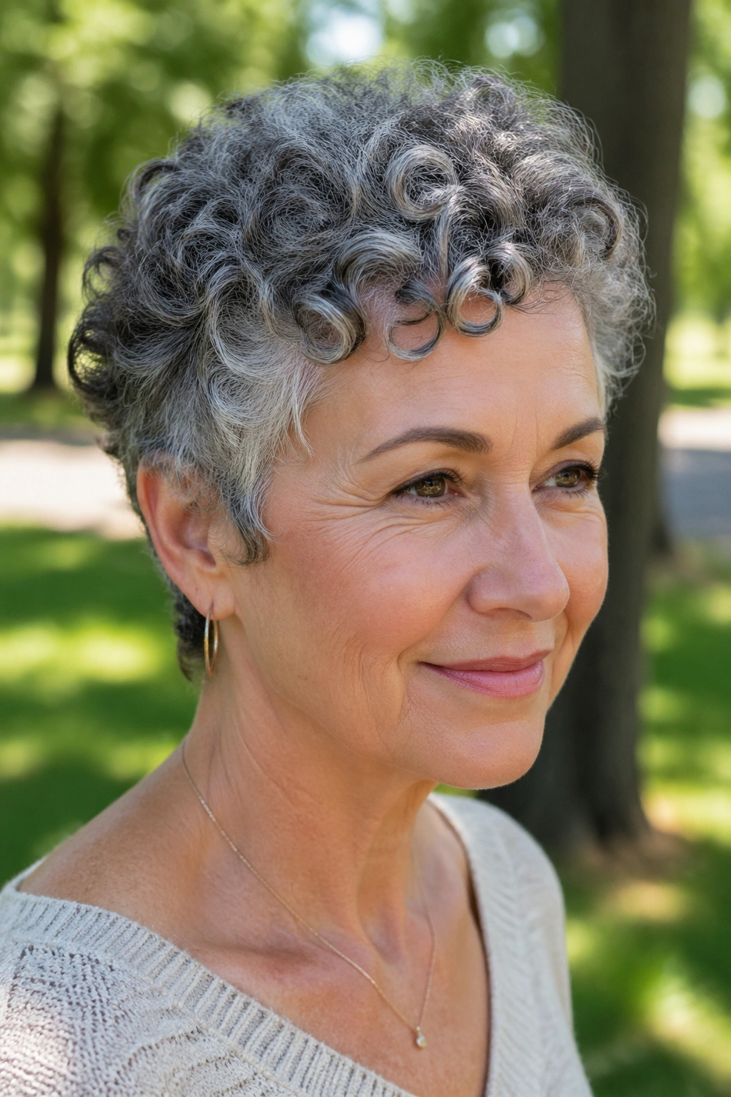 Close-up of a real woman with a curly crop showing defined curls in outdoor daylight