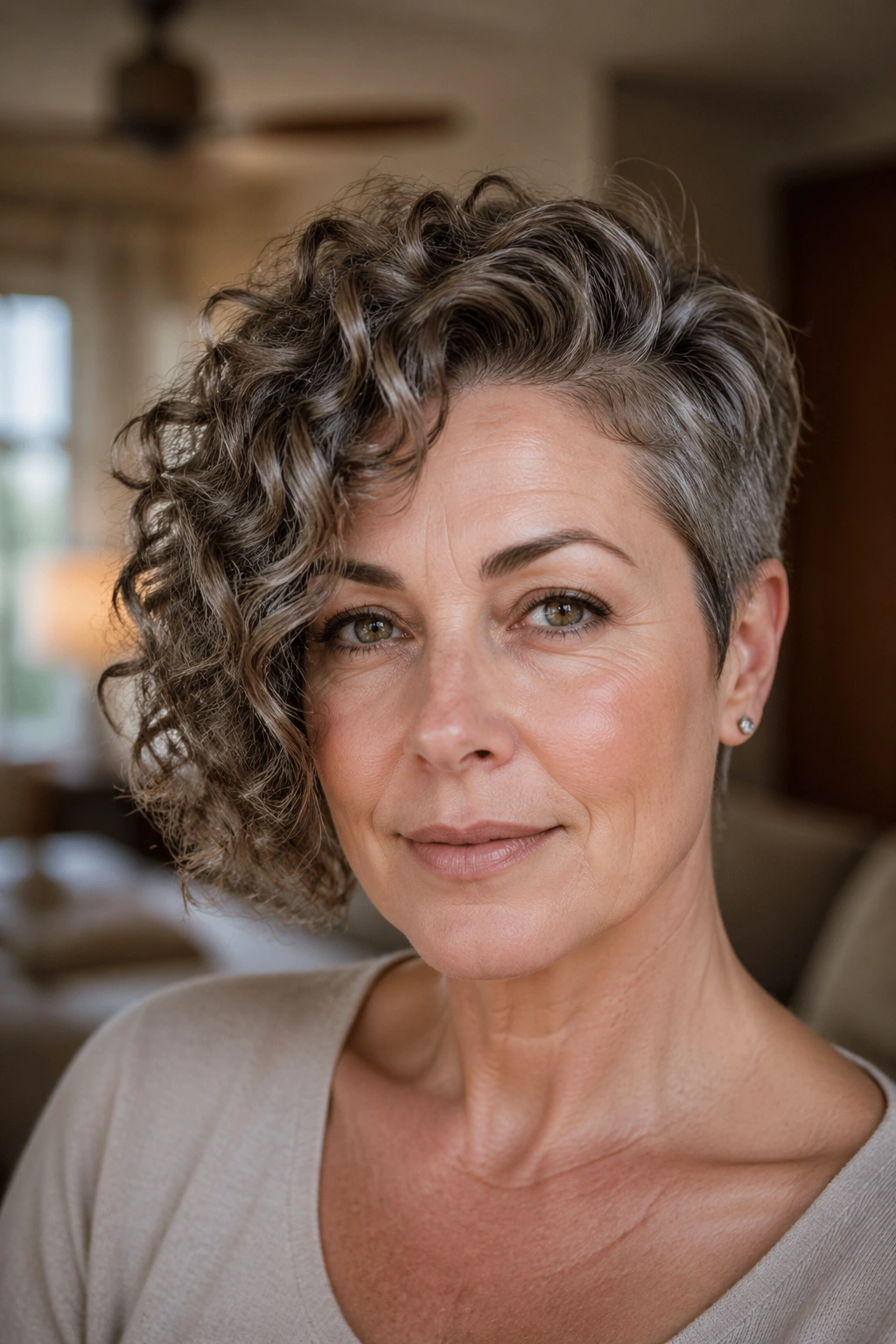 Close-up portrait of a real woman with a curly crop and one longer side.