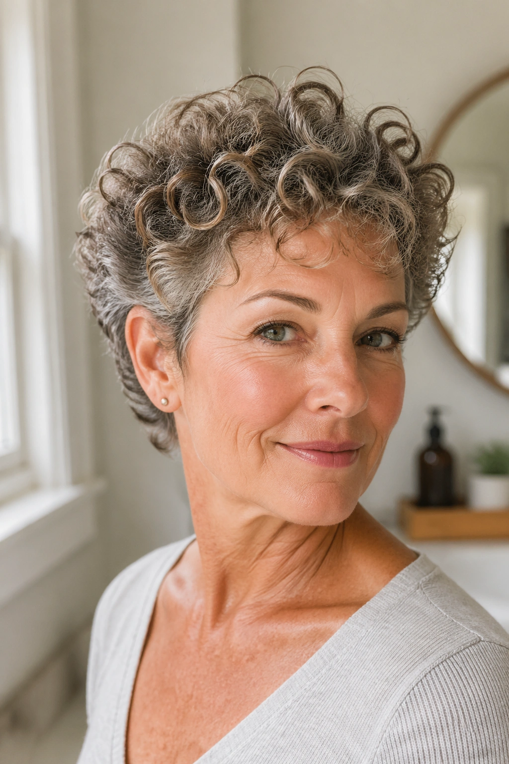 Real woman with curly crop showing crown height and controlled sides