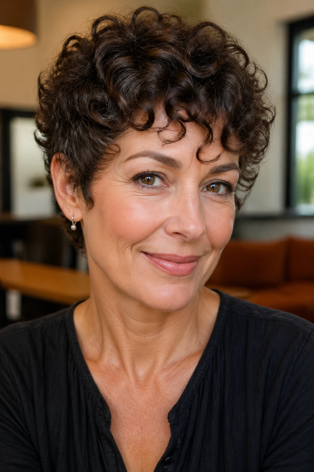 Close-up of a woman with a curly crop in natural light