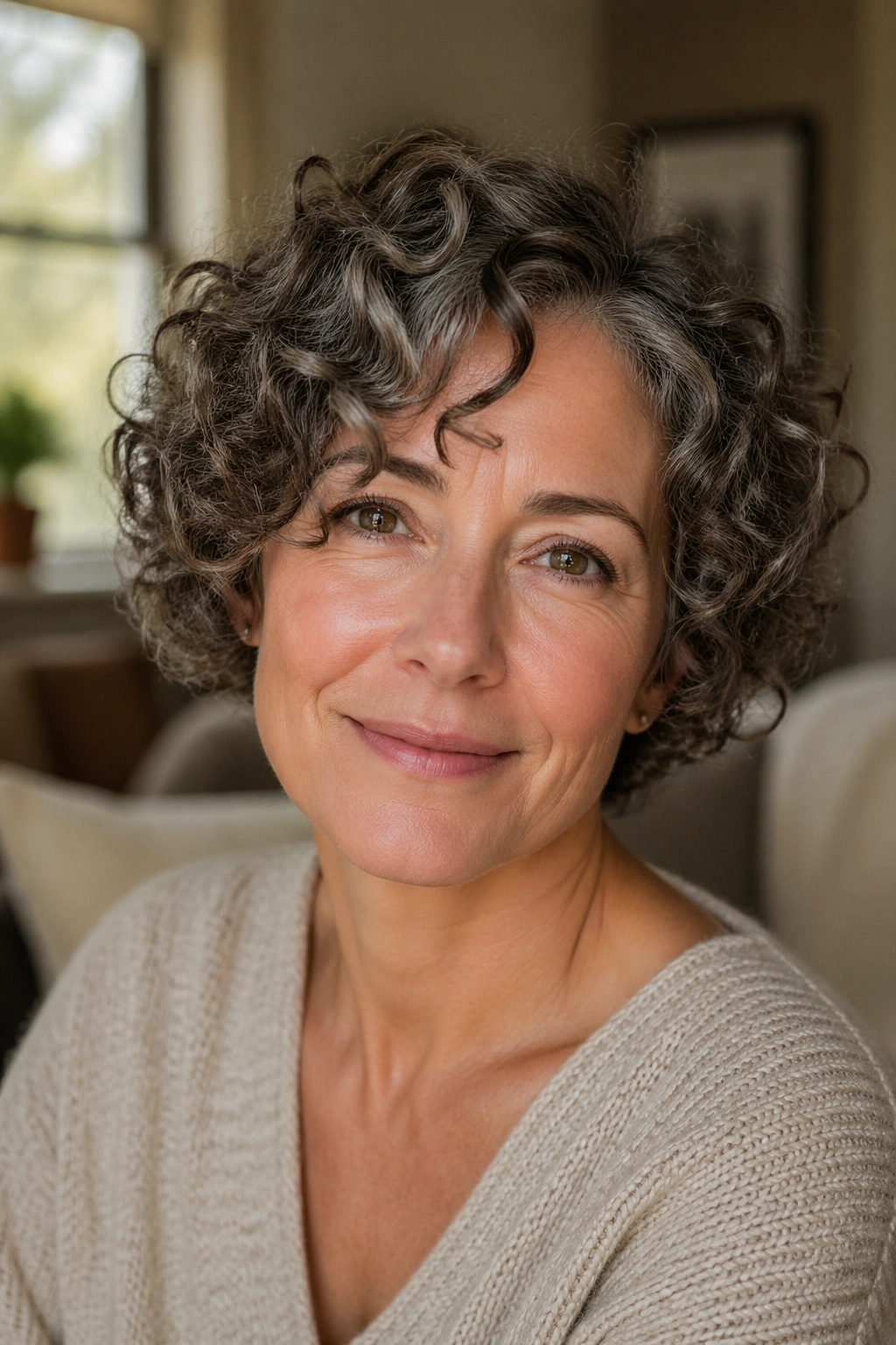 Close-up portrait of a real woman with a curly crop shaped to her natural pattern.