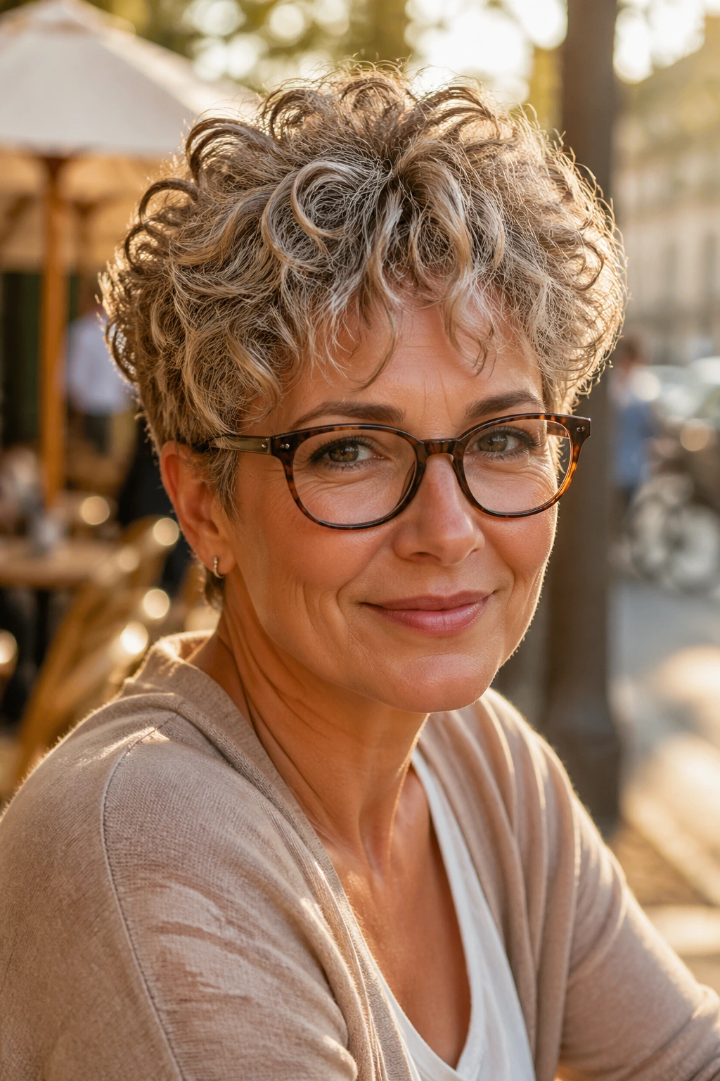 Real woman with curly crop and open fringe at golden-hour cafe