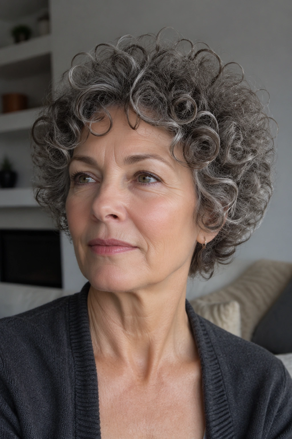Portrait of a woman with a curly crop forming a rounded halo.