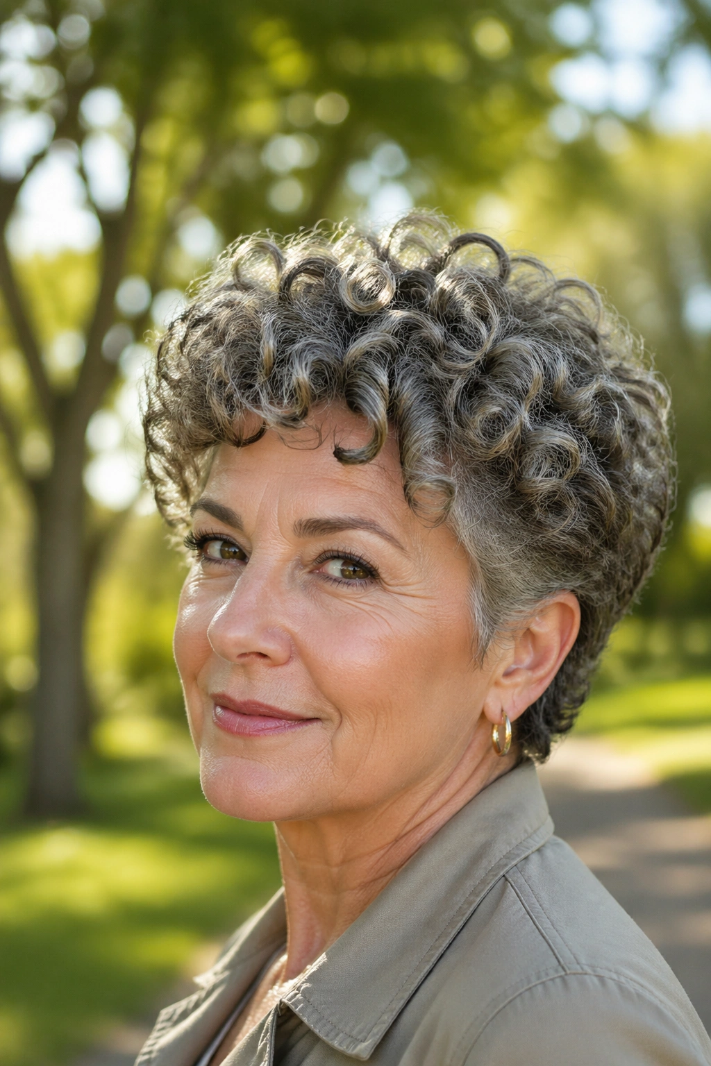 Close-up of a real woman with a short curly crop in outdoor morning light.