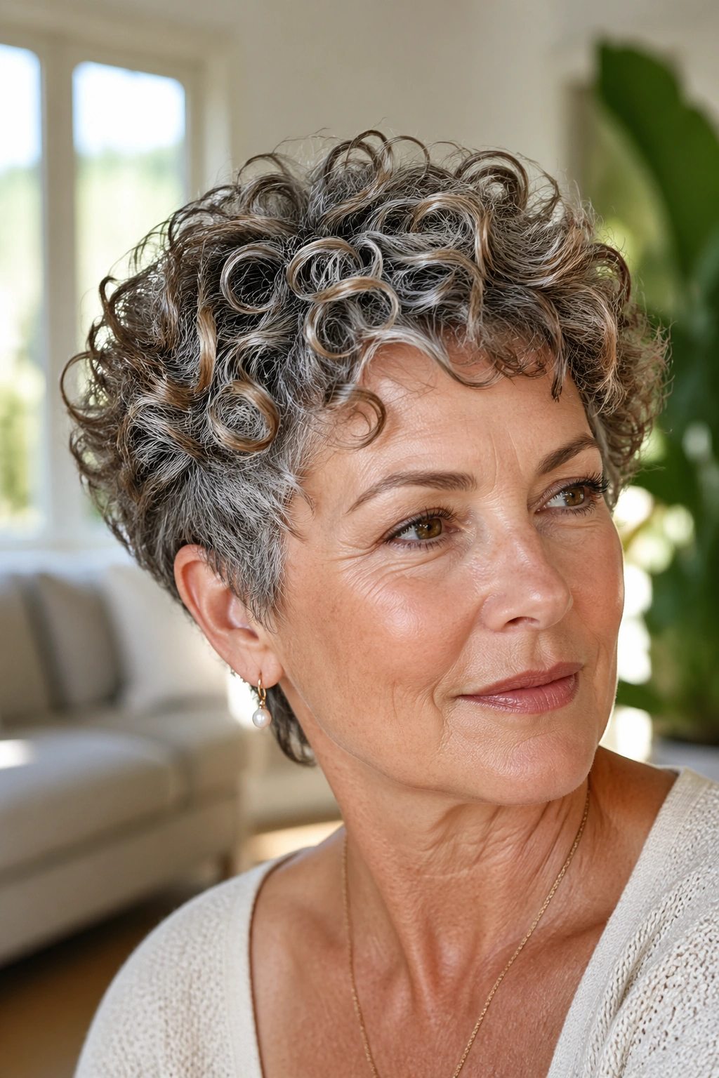 Portrait of a person with a curly crop and toffee lowlights nesting in curls in a bright living room