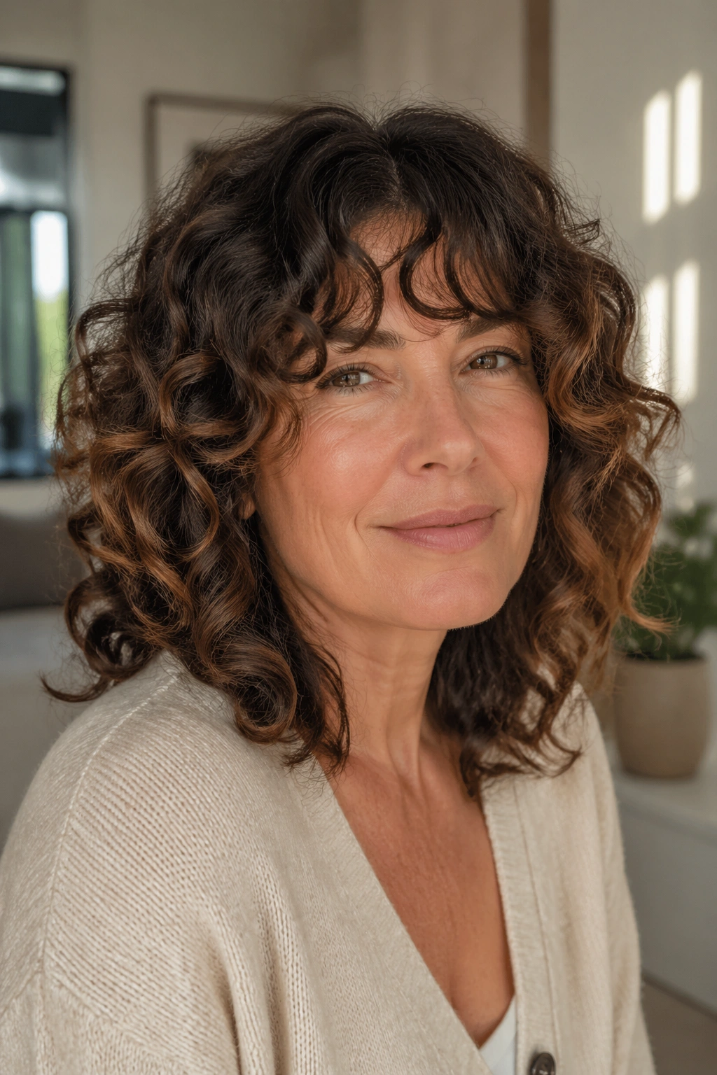 Real woman with curly curtain bangs and shoulder-length layers