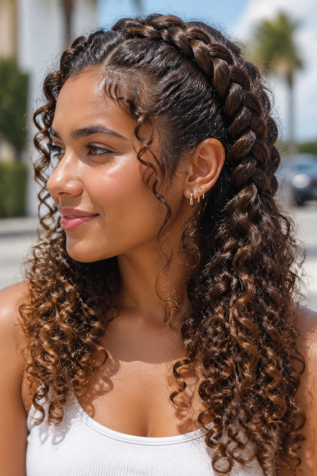 Real woman with curly hair and Dutch braids keeping volume