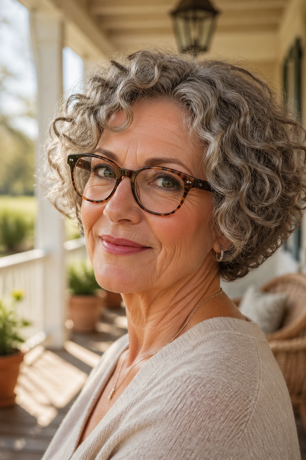 Portrait of an older woman with curly ear-length bob and glasses