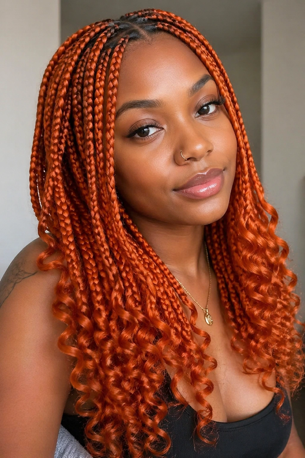 Portrait of a woman with orange box braids featuring curled ends