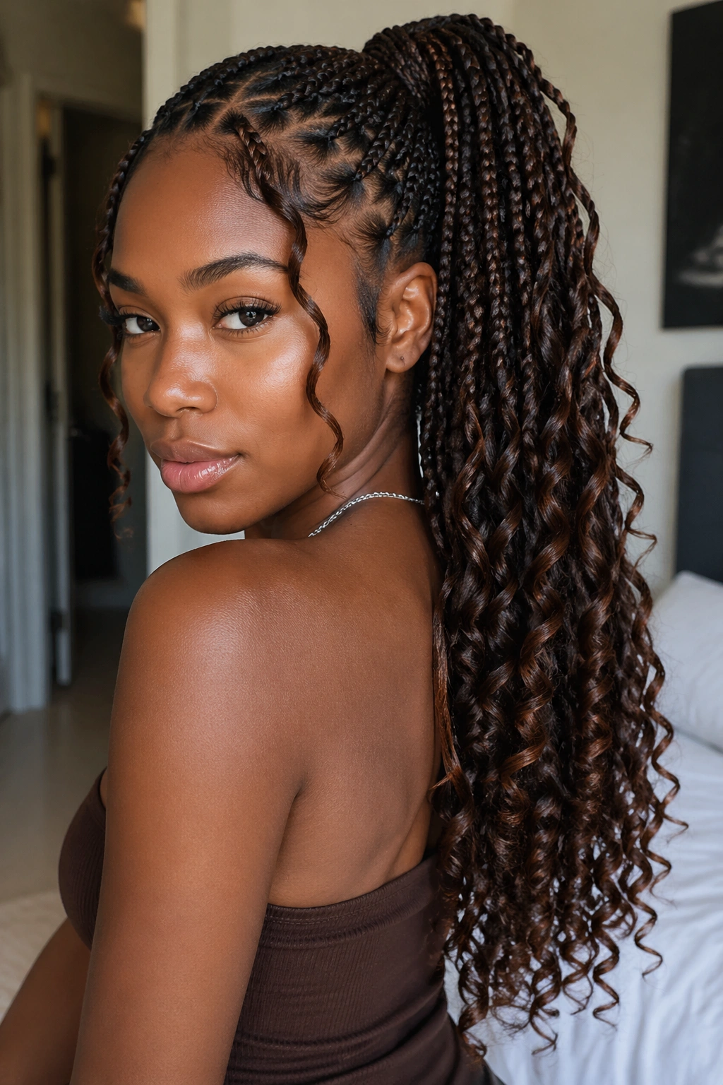 Close-up of a real woman with curly-end small box braids in a ponytail under natural window light
