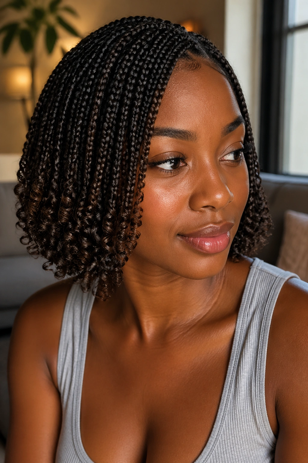 Close-up of real woman with curly-ended short box braids