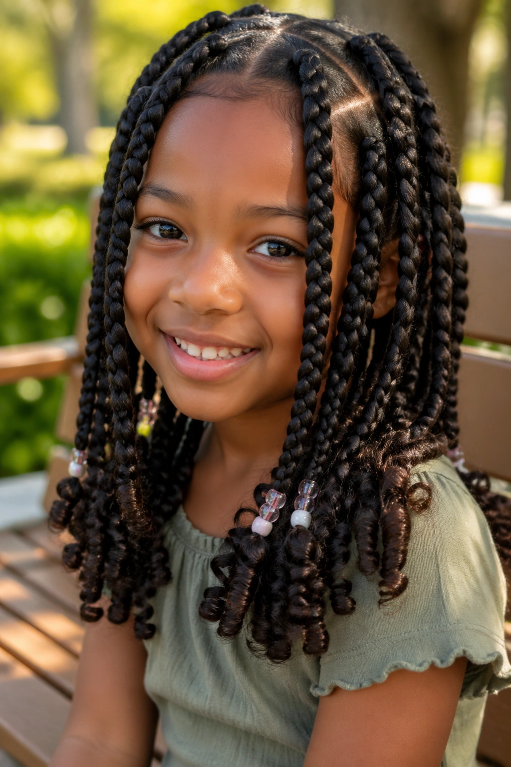 Close-up of a real child with jumbo box braids ending in curly ends and beads
