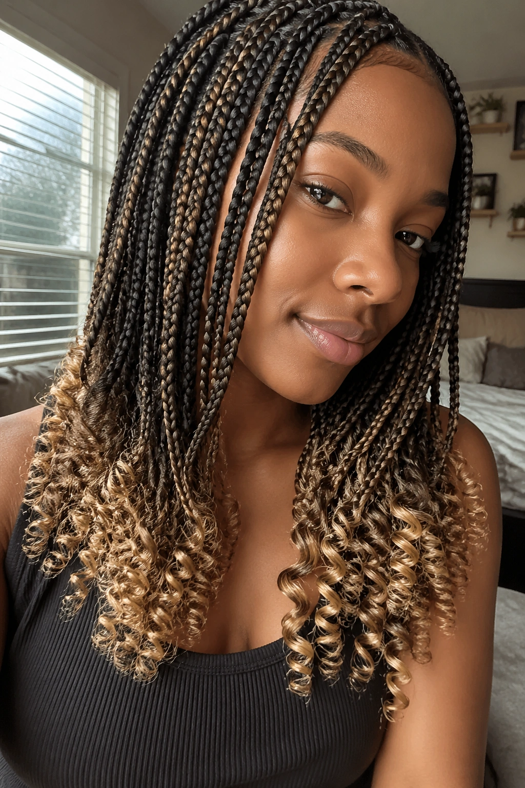 Close-up of a real person with curly ends and blonde accents on knotless box braids