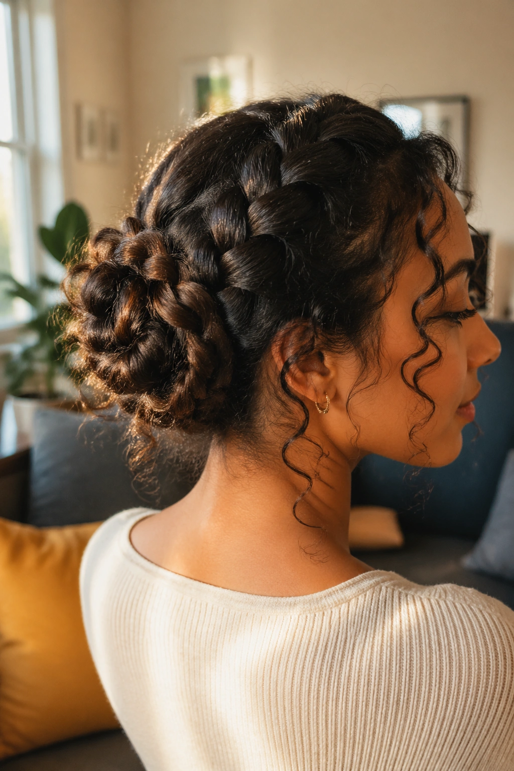 Portrait of a real woman with curly ends peeking from a braided bun